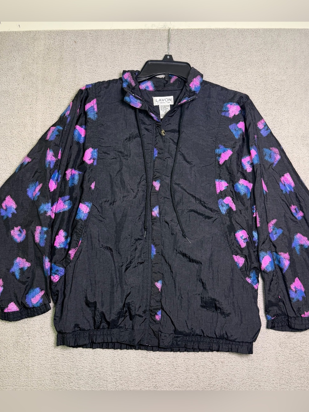 Vintage 90s Lavon Windbreaker Jacket Women’s S Black Multicolor Abstract Nylon
